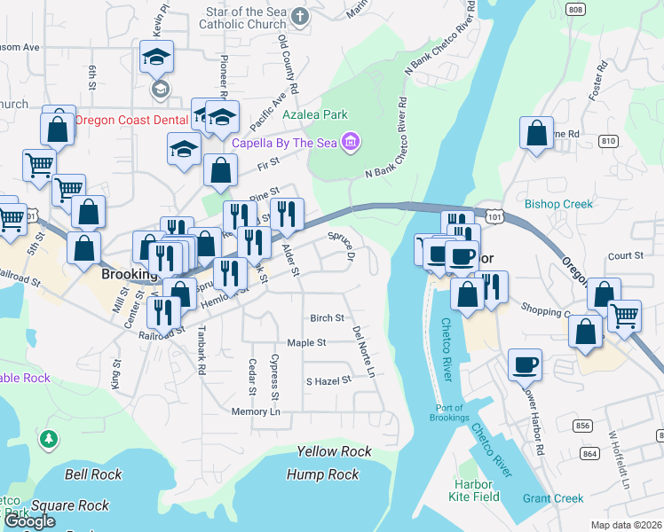 map of restaurants, bars, coffee shops, grocery stores, and more near 328 Spruce Drive in Brookings