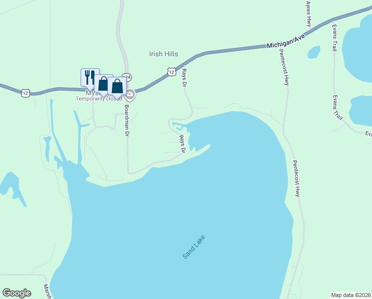 map of restaurants, bars, coffee shops, grocery stores, and more near 5400 Boardman Drive in Onsted