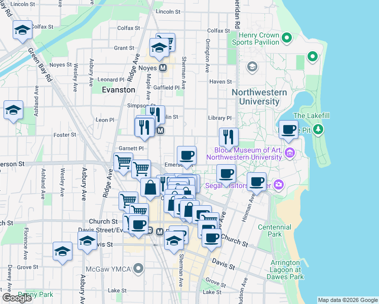 map of restaurants, bars, coffee shops, grocery stores, and more near 725 Emerson Street in Evanston