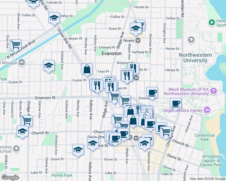 map of restaurants, bars, coffee shops, grocery stores, and more near 1117 Emerson Street in Evanston