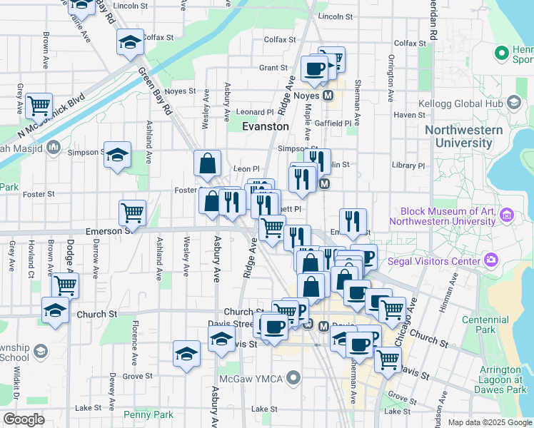 map of restaurants, bars, coffee shops, grocery stores, and more near 1117 Emerson Street in Evanston