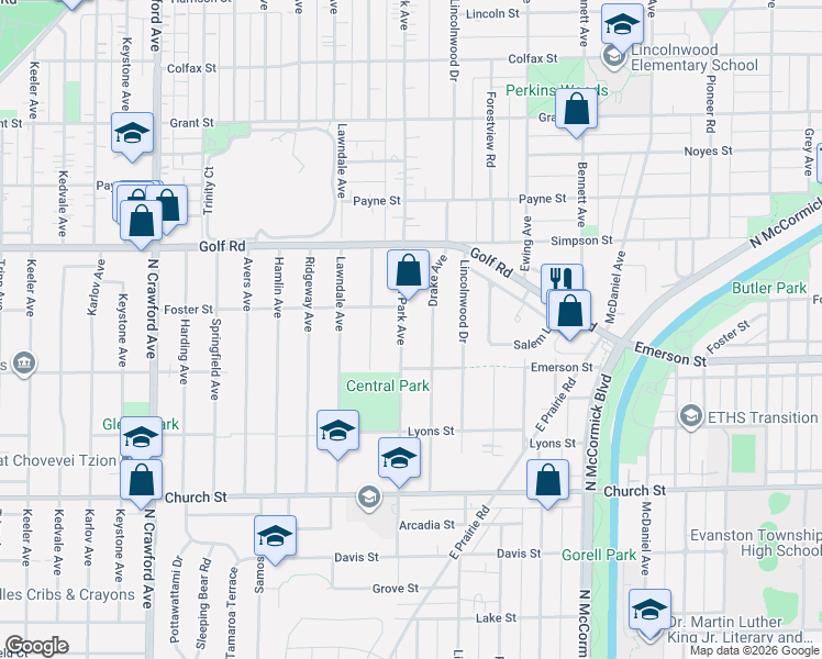map of restaurants, bars, coffee shops, grocery stores, and more near 9420 Drake Avenue in Evanston