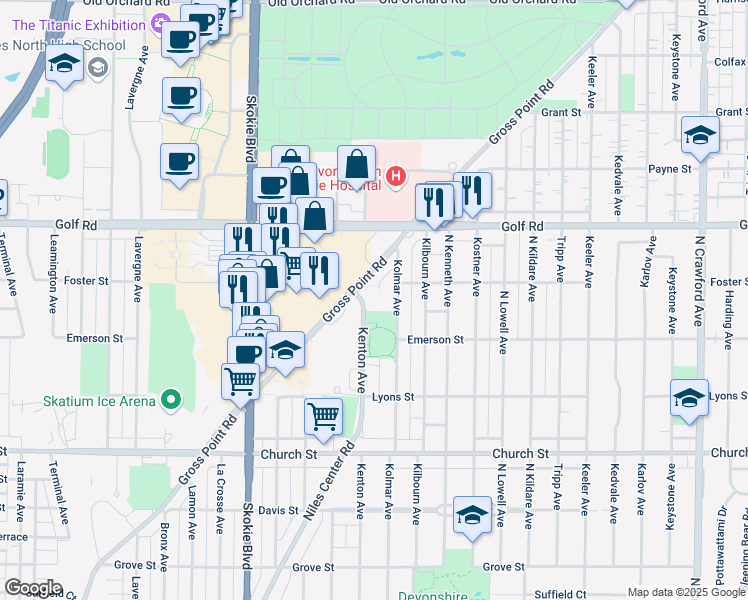 map of restaurants, bars, coffee shops, grocery stores, and more near 9434 Kolmar Avenue in Skokie