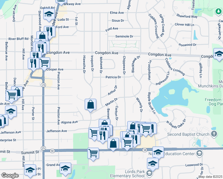 map of restaurants, bars, coffee shops, grocery stores, and more near 868 Arthur Drive in Elgin
