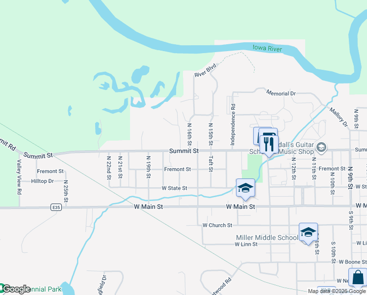 map of restaurants, bars, coffee shops, grocery stores, and more near 1606 Summit Street in Marshalltown