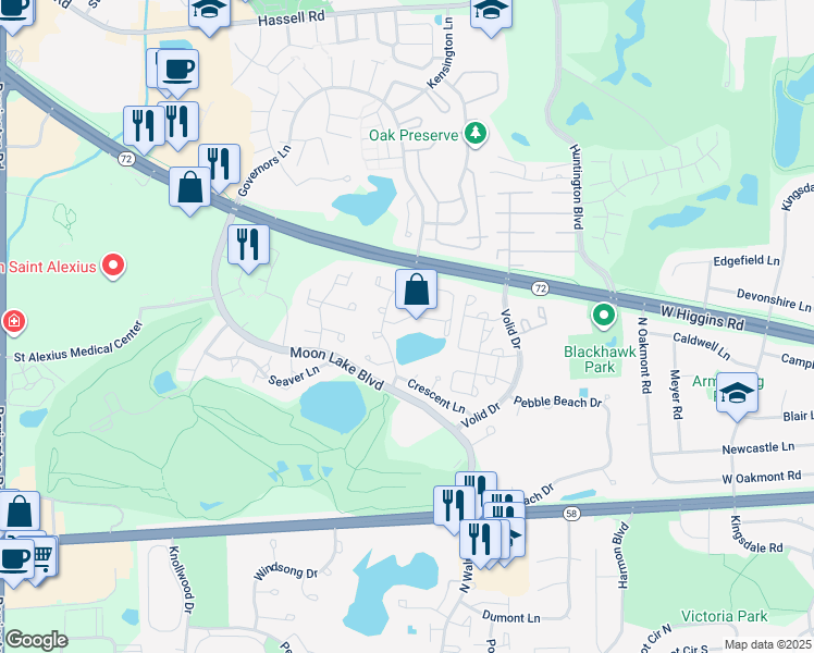 map of restaurants, bars, coffee shops, grocery stores, and more near 1945 Brookside Lane in Hoffman Estates