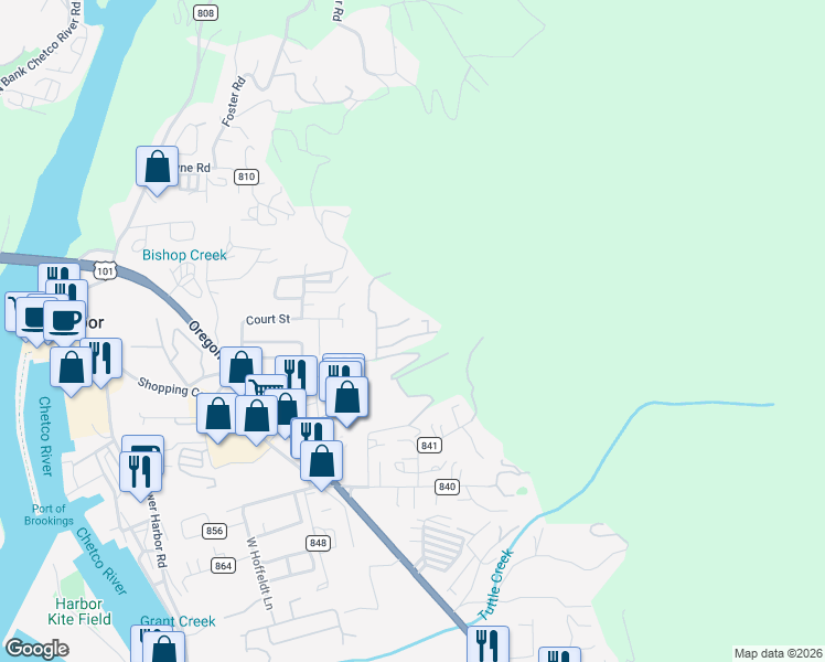 map of restaurants, bars, coffee shops, grocery stores, and more near 98062 Hallway Road in Brookings