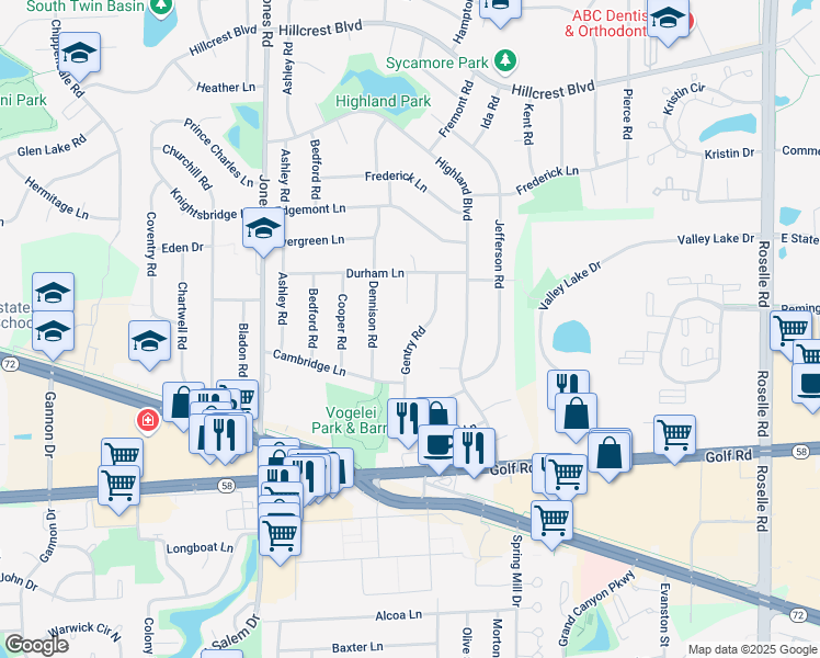 map of restaurants, bars, coffee shops, grocery stores, and more near 1405 Gentry Road in Hoffman Estates