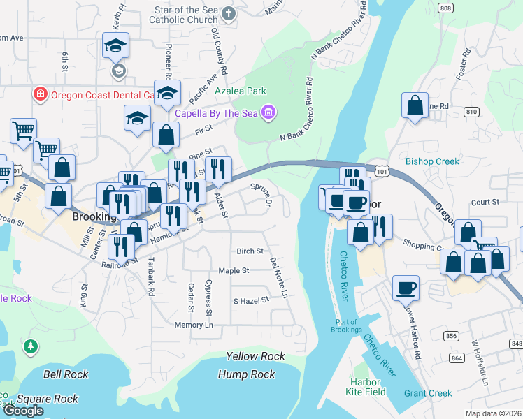 map of restaurants, bars, coffee shops, grocery stores, and more near 324 Spruce Drive in Brookings