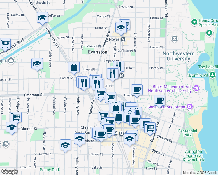 map of restaurants, bars, coffee shops, grocery stores, and more near 1015 Emerson Street in Evanston