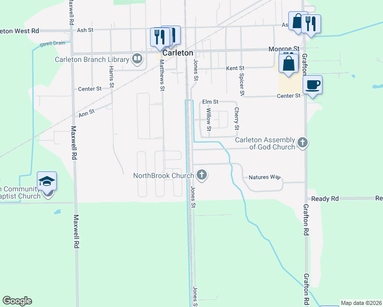 map of restaurants, bars, coffee shops, grocery stores, and more near 977 Ford Road in Carleton