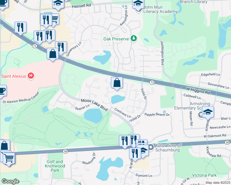 map of restaurants, bars, coffee shops, grocery stores, and more near 1965 Brookside Lane in Hoffman Estates