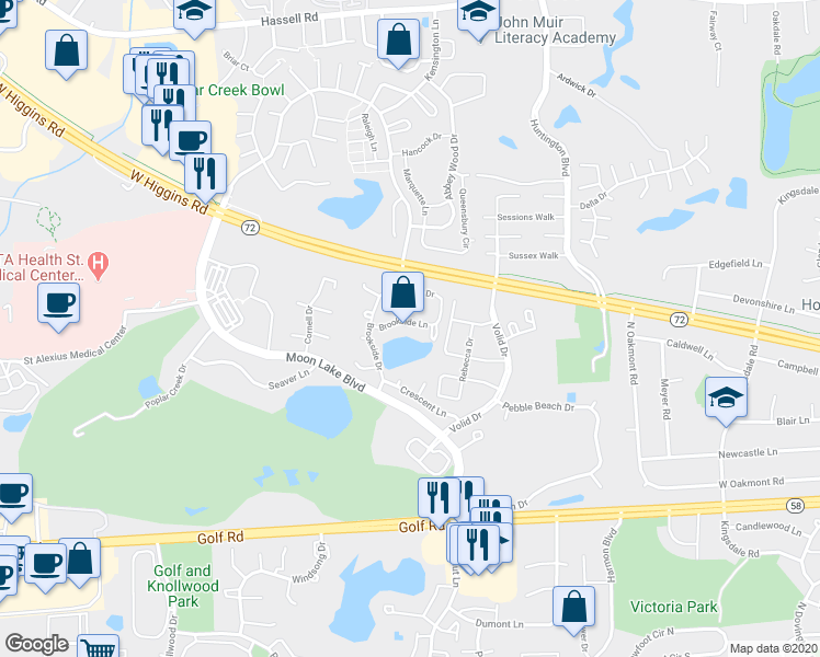 map of restaurants, bars, coffee shops, grocery stores, and more near 1945 Brookside Lane in Hoffman Estates