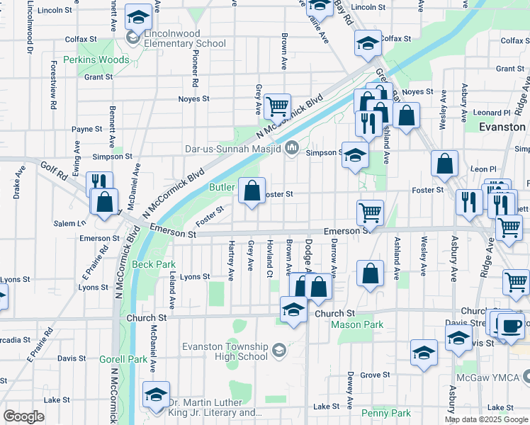 map of restaurants, bars, coffee shops, grocery stores, and more near 2027 Emerson Street in Evanston