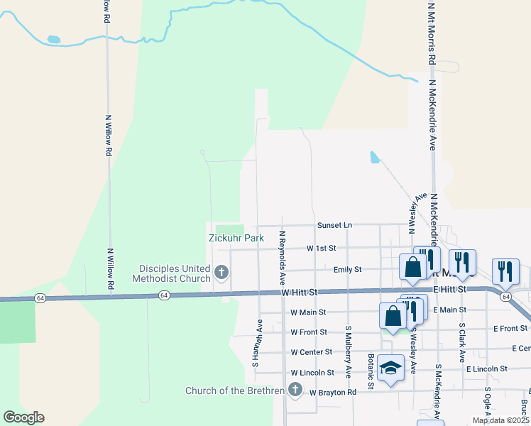 map of restaurants, bars, coffee shops, grocery stores, and more near 406 Sunset Lane in Mount Morris