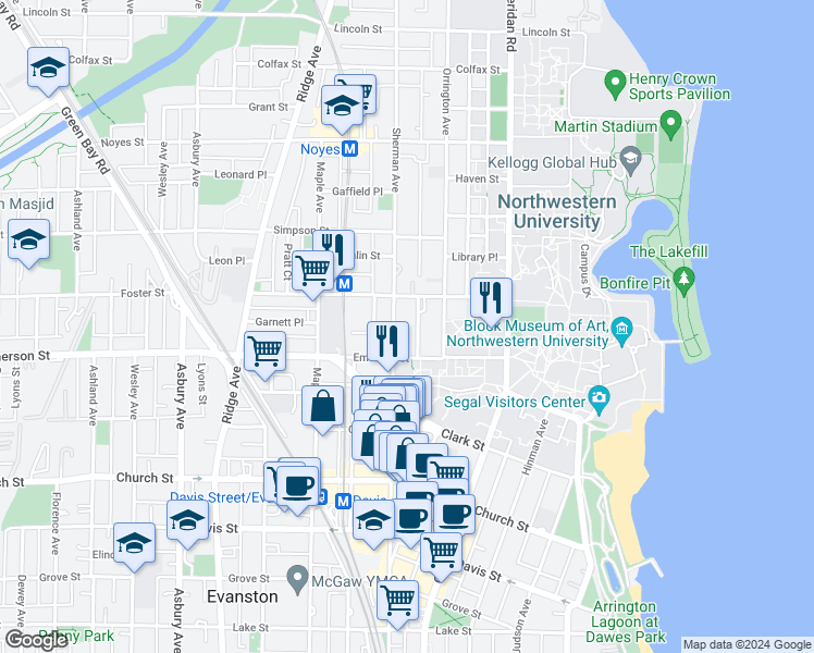 map of restaurants, bars, coffee shops, grocery stores, and more near 725 Emerson Street in Evanston