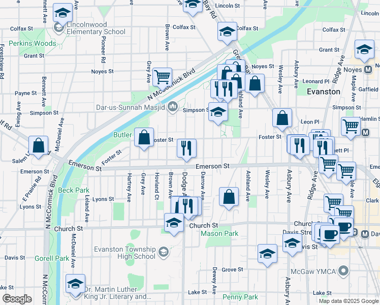 map of restaurants, bars, coffee shops, grocery stores, and more near 1900 Dodge Avenue in Evanston
