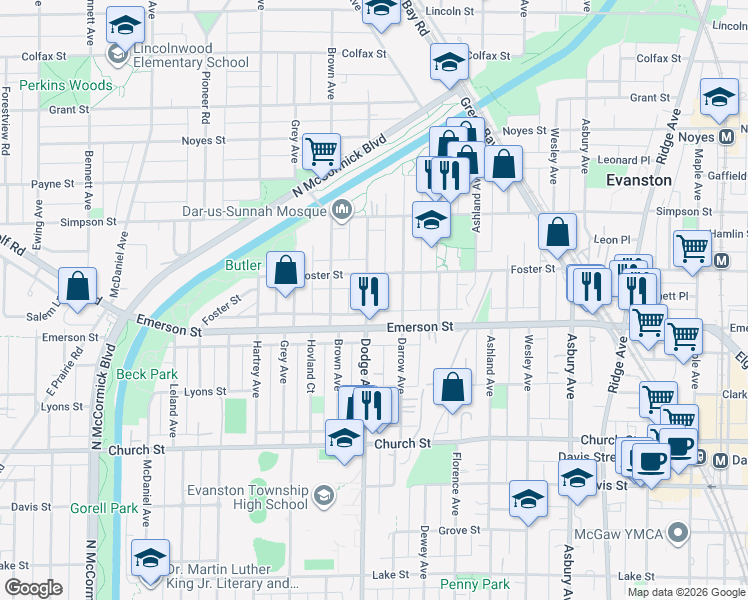 map of restaurants, bars, coffee shops, grocery stores, and more near 1900 Dodge Avenue in Evanston