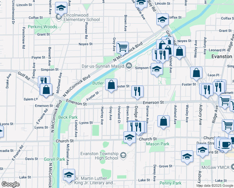map of restaurants, bars, coffee shops, grocery stores, and more near 2027 Emerson Street in Evanston