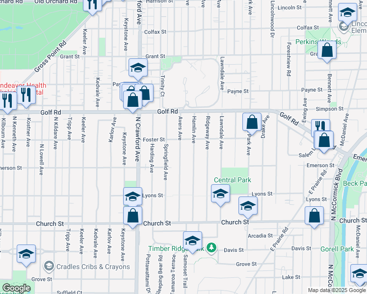 map of restaurants, bars, coffee shops, grocery stores, and more near 9424 Hamlin Avenue in Evanston