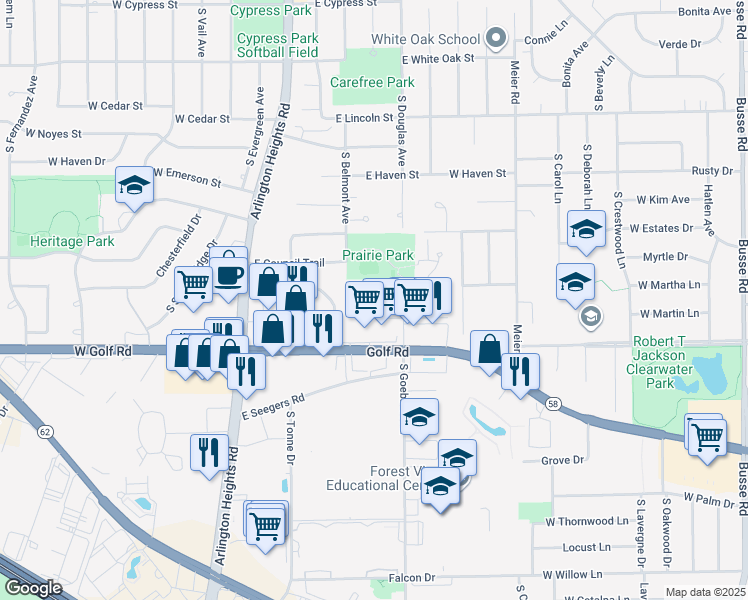 map of restaurants, bars, coffee shops, grocery stores, and more near 591 East Windgate Court in Arlington Heights