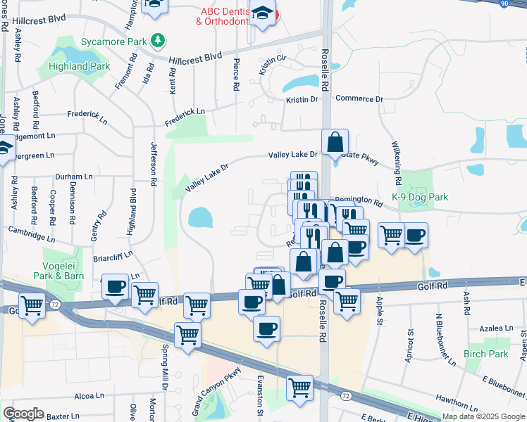 map of restaurants, bars, coffee shops, grocery stores, and more near 198 Remington Circle in Schaumburg