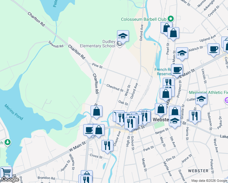 map of restaurants, bars, coffee shops, grocery stores, and more near 9 Chestnut Street in Dudley