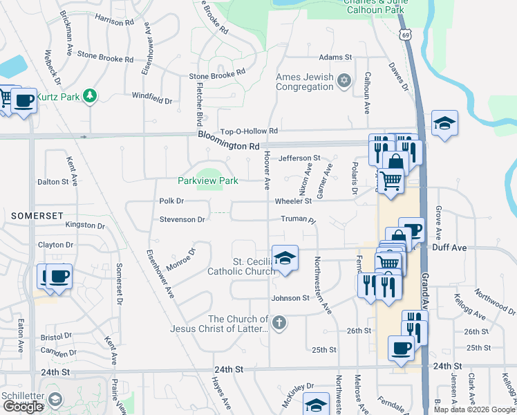 map of restaurants, bars, coffee shops, grocery stores, and more near 1603 Truman Drive in Ames