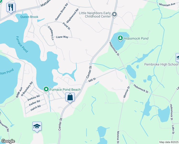map of restaurants, bars, coffee shops, grocery stores, and more near 395 Center Street in Pembroke