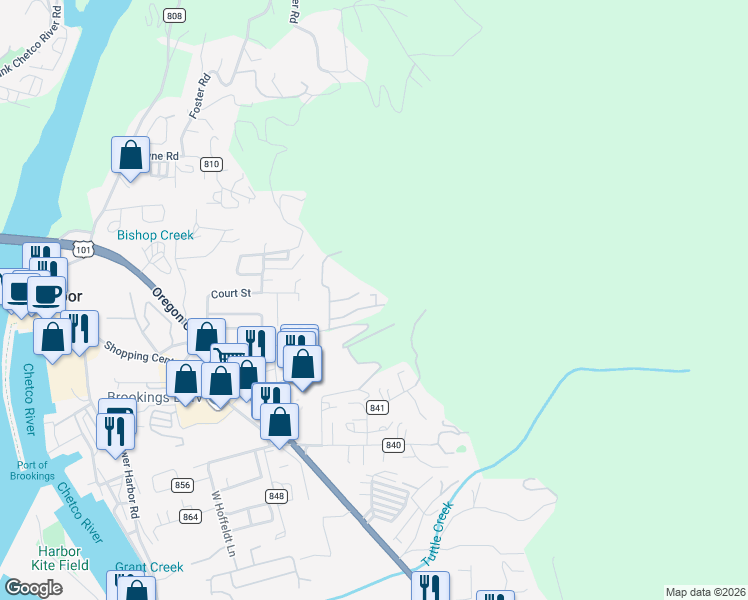 map of restaurants, bars, coffee shops, grocery stores, and more near 98062 Hallway Road in Brookings