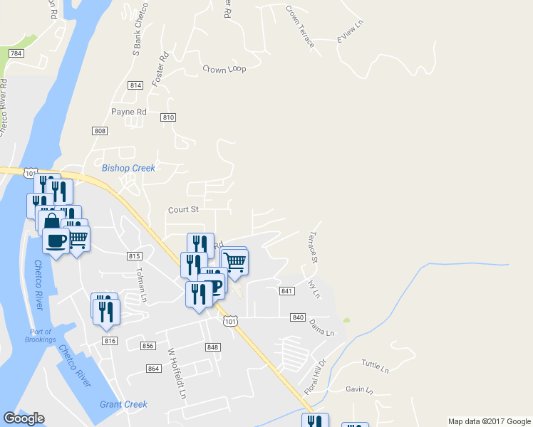 map of restaurants, bars, coffee shops, grocery stores, and more near Summit Drive in Brookings