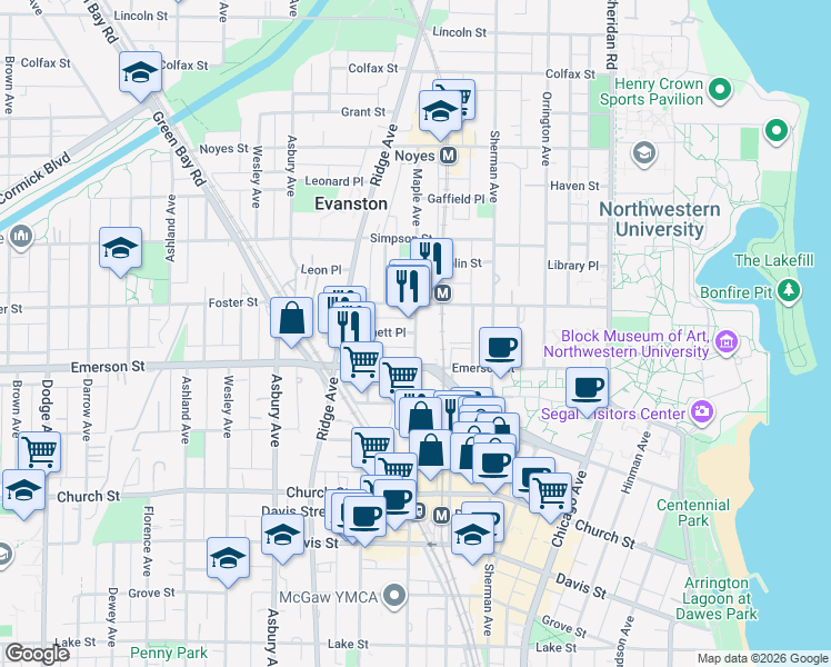 map of restaurants, bars, coffee shops, grocery stores, and more near Maple Avenue & Garnett Place in Evanston