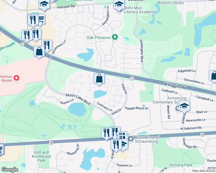 map of restaurants, bars, coffee shops, grocery stores, and more near 1625 Brookside Drive in Hoffman Estates