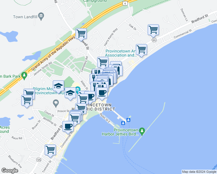map of restaurants, bars, coffee shops, grocery stores, and more near 353C Commercial Street in Provincetown