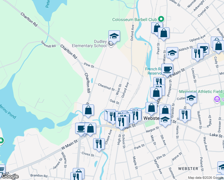 map of restaurants, bars, coffee shops, grocery stores, and more near 14 Green Street in Dudley