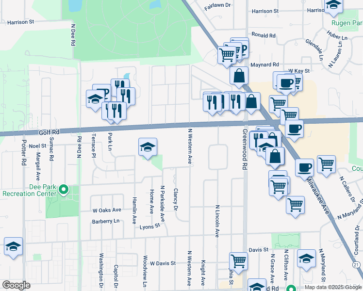 map of restaurants, bars, coffee shops, grocery stores, and more near 8809 Golf Road in Niles