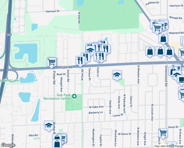 map of restaurants, bars, coffee shops, grocery stores, and more near 9519 Terrace Place in Des Plaines