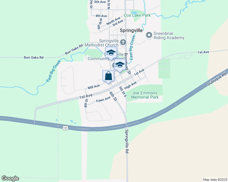 map of restaurants, bars, coffee shops, grocery stores, and more near 507 High Avenue in Springville