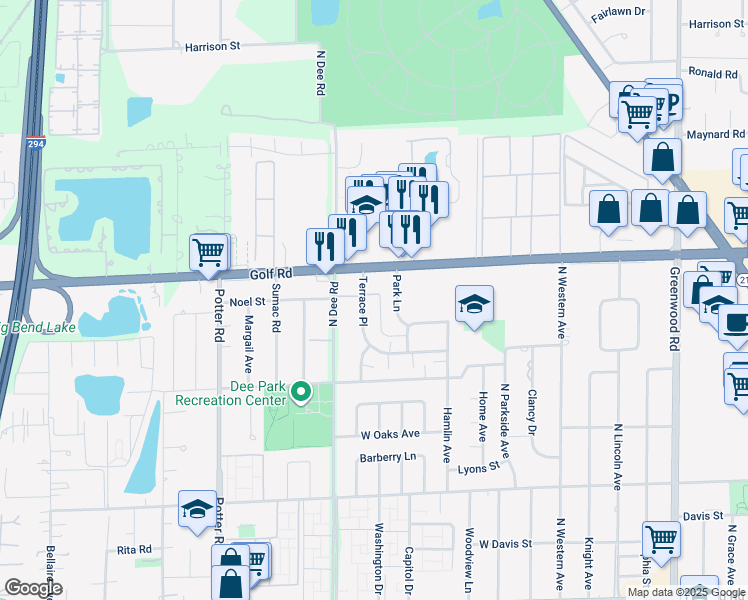 map of restaurants, bars, coffee shops, grocery stores, and more near 9519 Terrace Place in Des Plaines