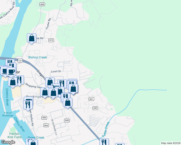 map of restaurants, bars, coffee shops, grocery stores, and more near 98062 Hallway Road in Brookings