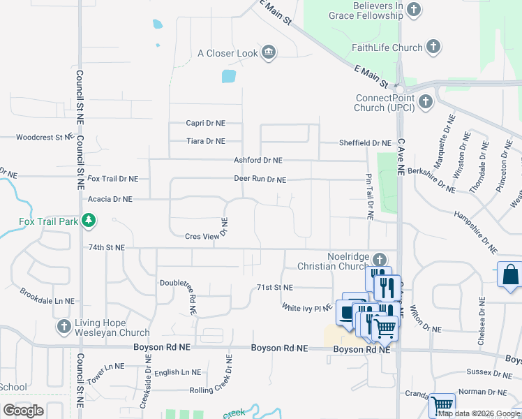 map of restaurants, bars, coffee shops, grocery stores, and more near 880 74th Street Northeast in Cedar Rapids