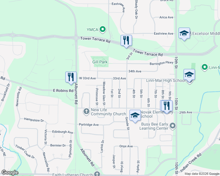 map of restaurants, bars, coffee shops, grocery stores, and more near 3055 Meadow Glen Street in Marion