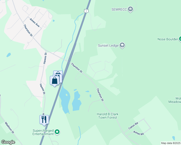 map of restaurants, bars, coffee shops, grocery stores, and more near 545 Thurston Street in Wrentham