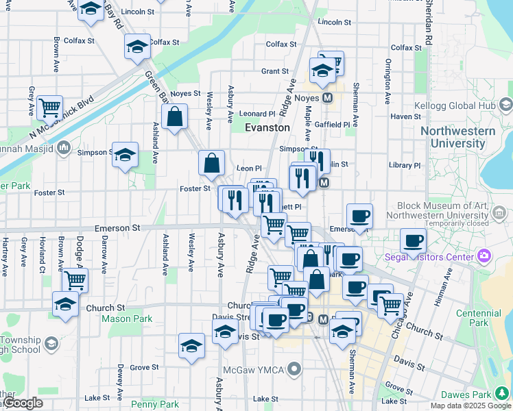 map of restaurants, bars, coffee shops, grocery stores, and more near 1930 Ridge Avenue in Evanston