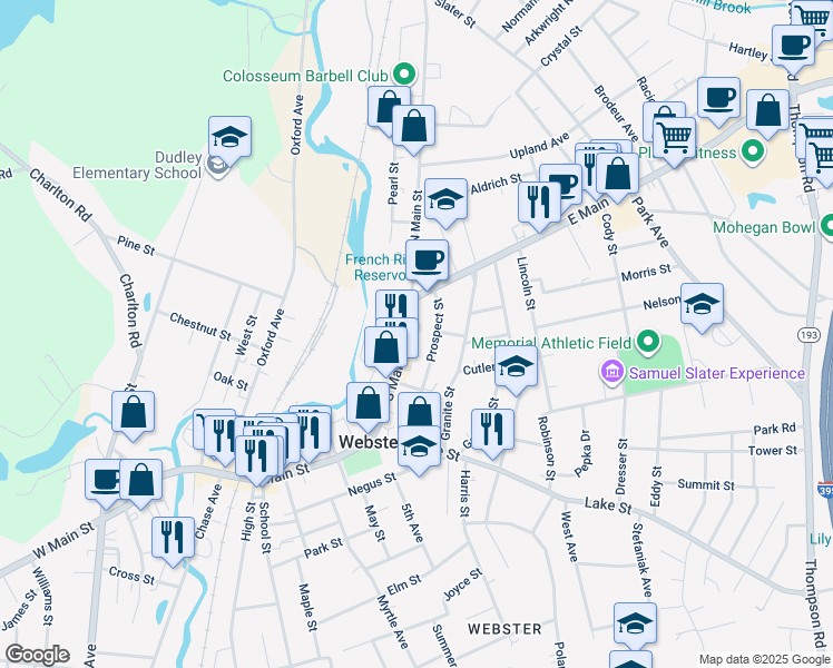 map of restaurants, bars, coffee shops, grocery stores, and more near 580 South Main Street in Webster