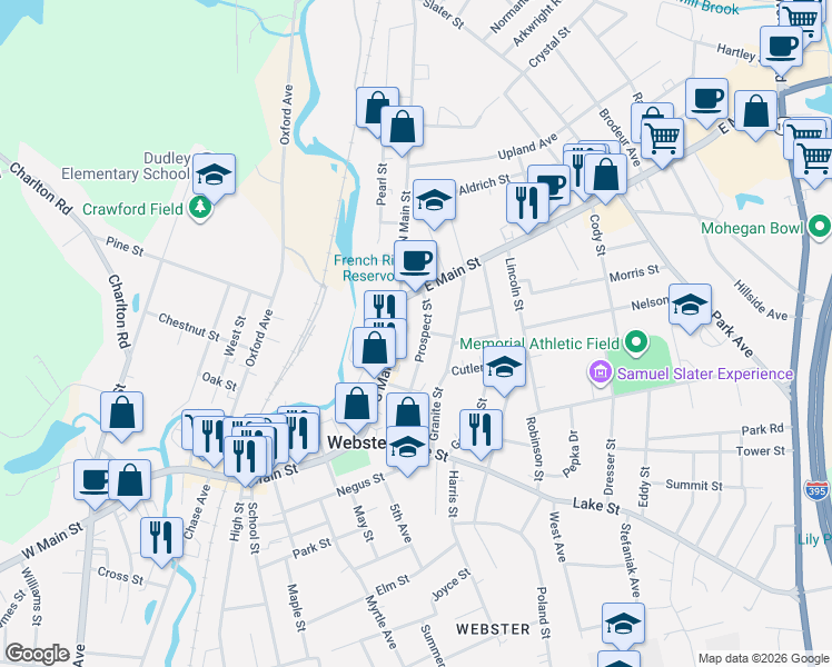 map of restaurants, bars, coffee shops, grocery stores, and more near 580 South Main Street in Webster