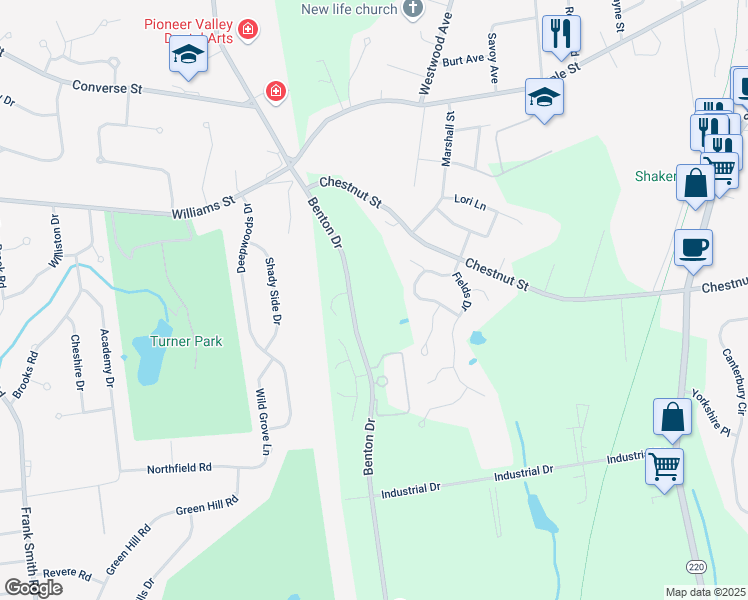 map of restaurants, bars, coffee shops, grocery stores, and more near 77-131 Benton Drive in East Longmeadow