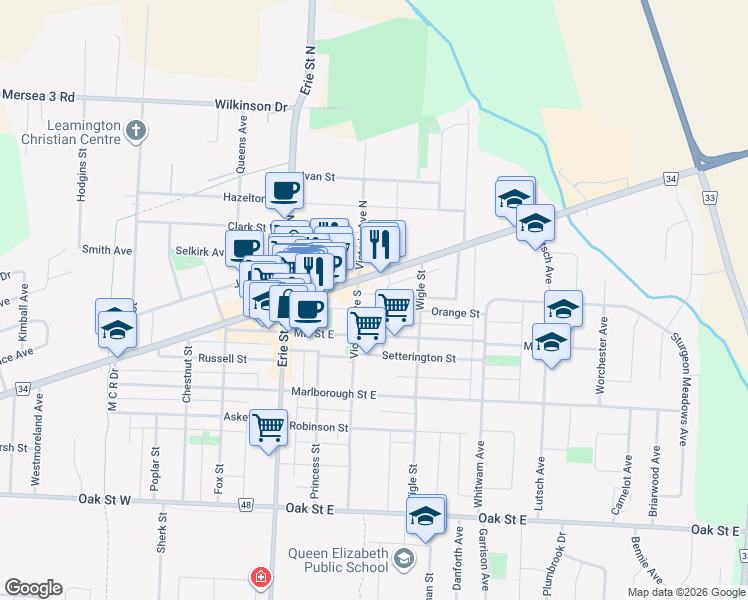 map of restaurants, bars, coffee shops, grocery stores, and more near 30 Orange Street in Essex County