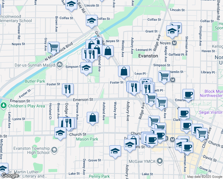 map of restaurants, bars, coffee shops, grocery stores, and more near 1503 Emerson Street in Evanston