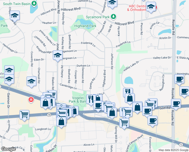 map of restaurants, bars, coffee shops, grocery stores, and more near 1405 Gentry Road in Hoffman Estates